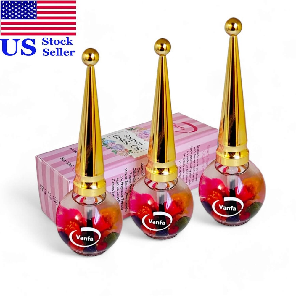 Vanfa Cuticle Oil infused with real flower 0.42 oz (Scent: Peach, Pack of 3)