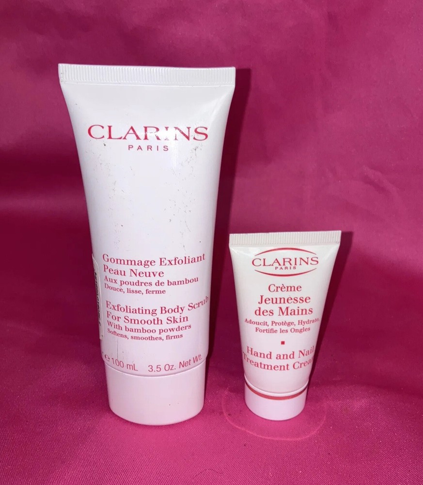 Clarins Paris Hand & Nail Treatment Cream 1.06 & Exfoliating Body Scrub 3.5 Oz.