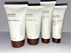 AHAVA 4 PC SET TRAVEL SIZE SHOWER GEL, BHODY LOTION HAND AND & FOOT CREAM