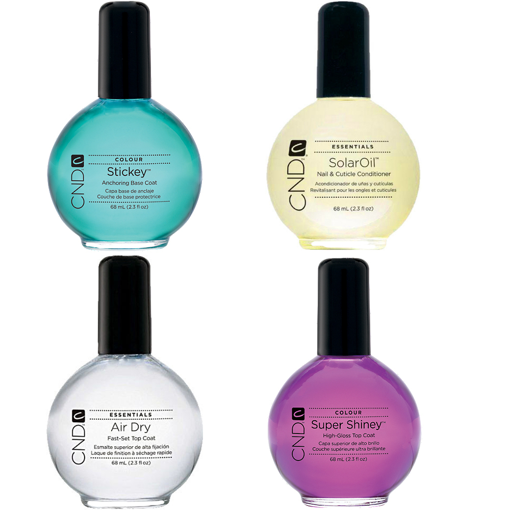 CND Air Dry, Solaroil, Stickey, and Super Shiney. Each Bottle contains 2.3 fl oz