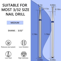 2Pcs Nail Drill Bits Diamond Carbide Conical Micro Cuticle Removal