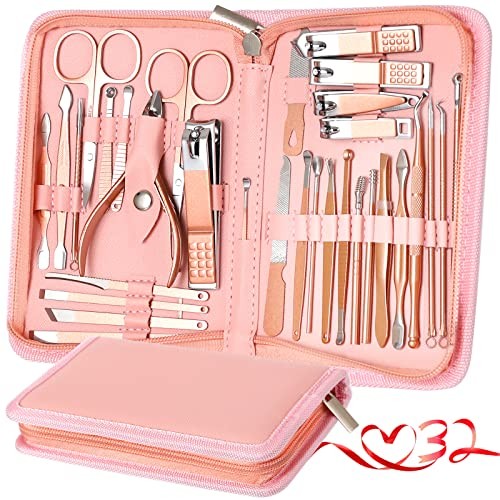 Manicure Set Pedicure Kit Womens Nail Clippers Set 32 in 1 Rose Pink_32 in 1