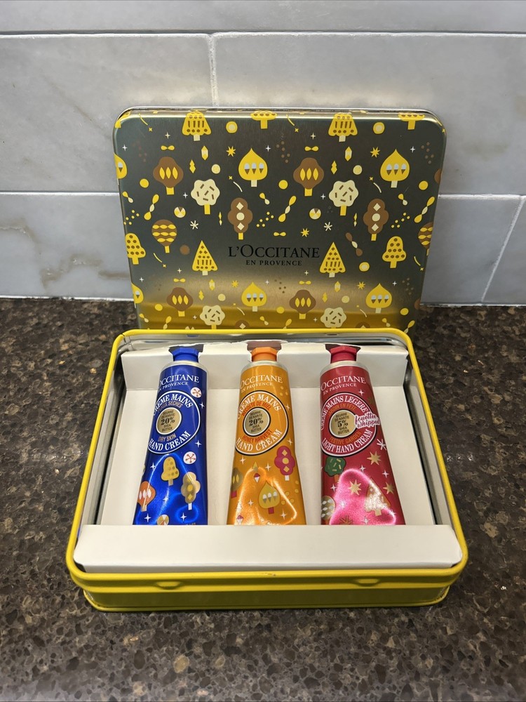 L’OCCITANE Hand Cream Trio w/Tin Box 10ml/.34oz EACH, NEW