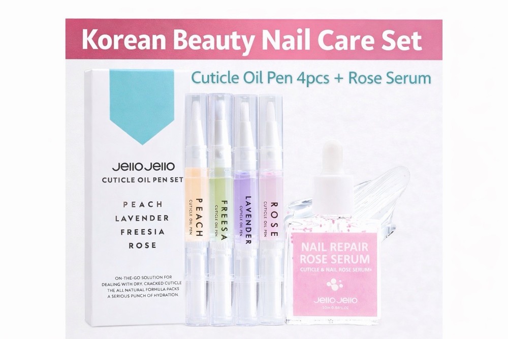 Jello Jello Nail Care Set Cuticle Oil Pen 4pcs + Rose Serum Korean Beauty