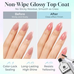 No Wipe Gel Top Coat and Base Set: 2Pcs 15ml Rubber Base, Super Clear