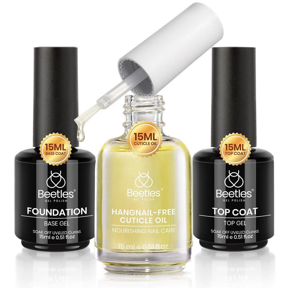 3Pcs Gel Nail Polish Set – No Wipe Top & Base Coat, Cuticle Oil, Glossy Shine, L