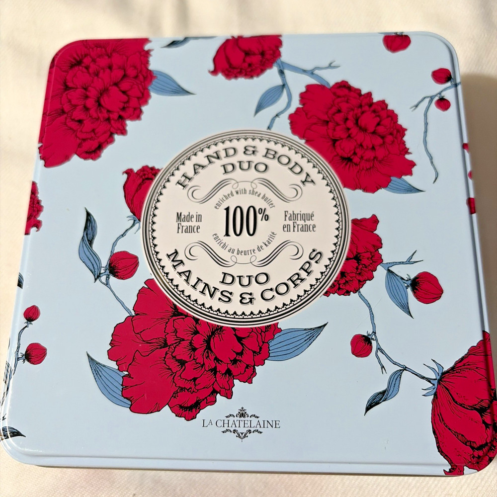 New in Tin LA CHATELAINE HAND & BODY SHEA DUO BAR SOAP 7 oz & HAND CREAM 1 oz