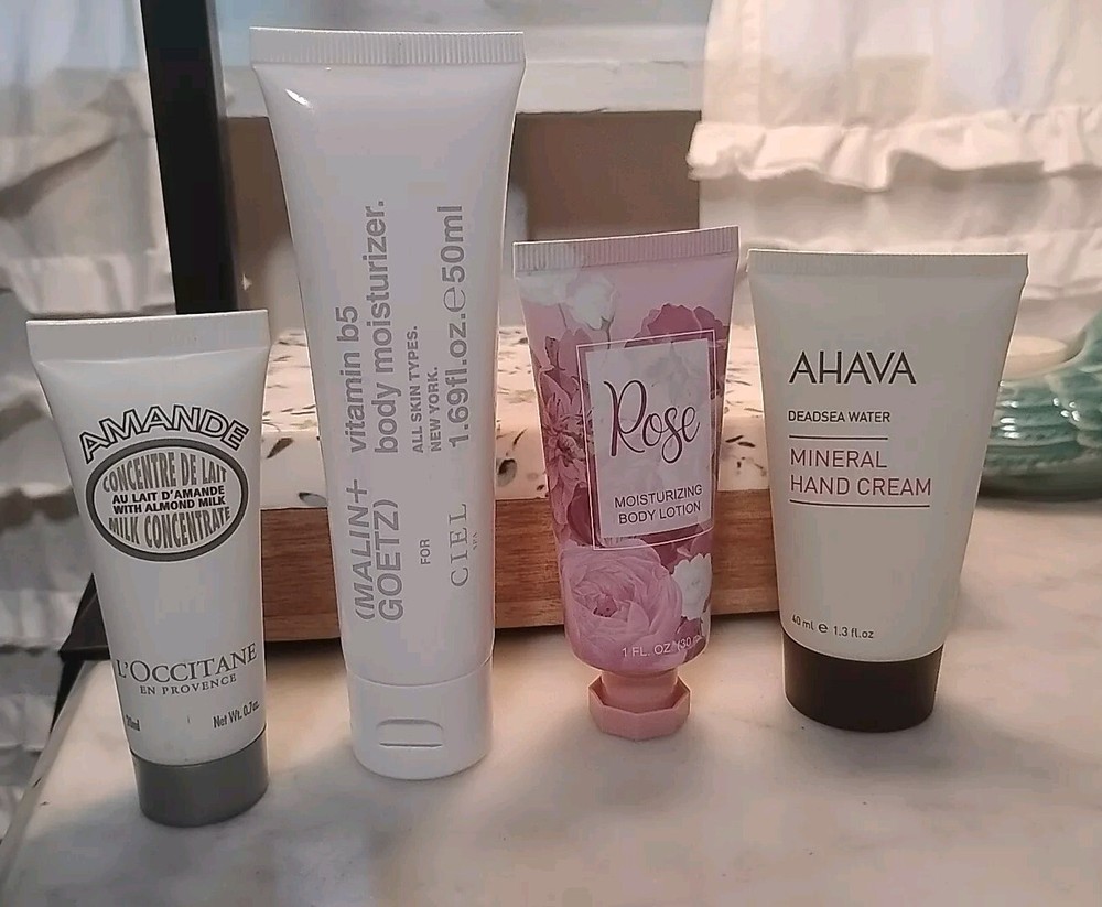 4x Ahava MINERAL HAND CREAM, L’Occitane Amande, Malin Goetz Vitamin B5 Moisturiz