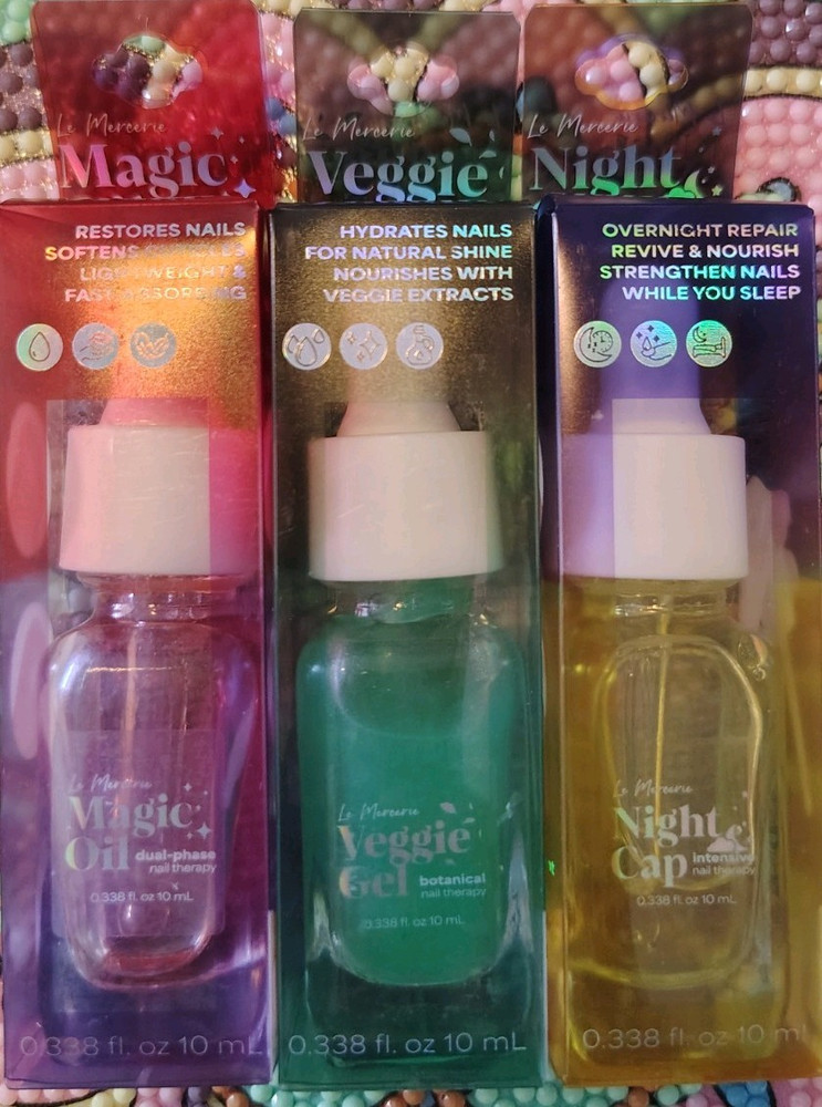 Le Mercerie Magic Oil, Veggie Gel, Night Cap Nail Therapy Set 10mL
