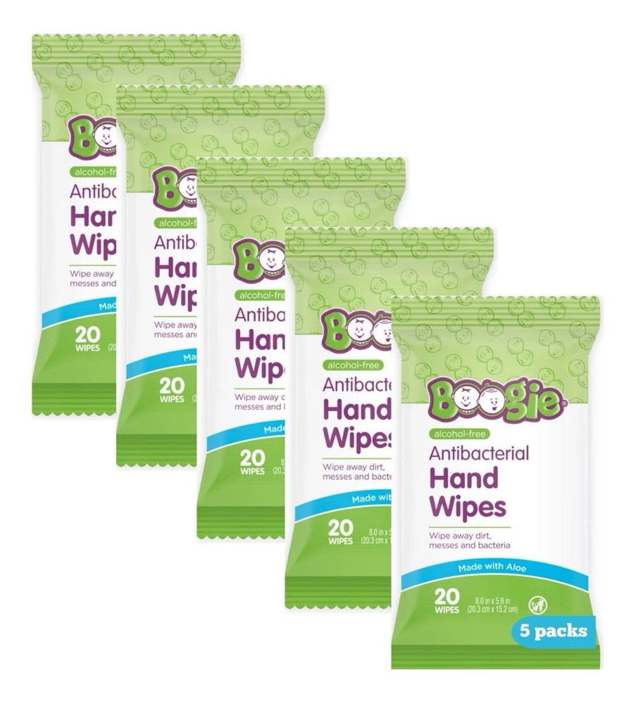 NEW (5×20 Count) Boogie Antibacterial Hand Wipes Alcohol Free – Total 100 Wipes