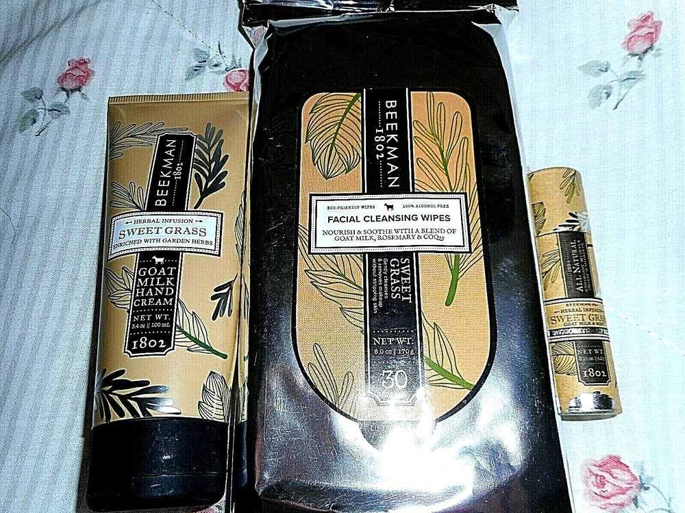 3 Beekman 1802 Goat Milk 3.4 oz SWEET GRASS HAND CREAM + LIP BALM + 30 WIPES NIP