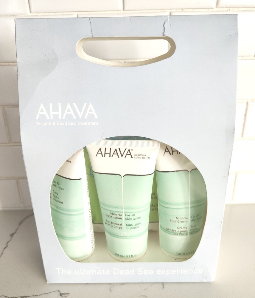 Ahava 4 pc Set, Body Lotion, Foot & Hand Cream, Dead Sea Bath Crystals NIB