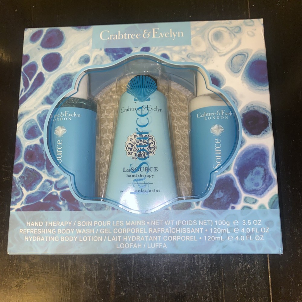 Crabtree & Evelyn La Source Gift Set Hand Therapy, Body Wash, Lotion, Loofah