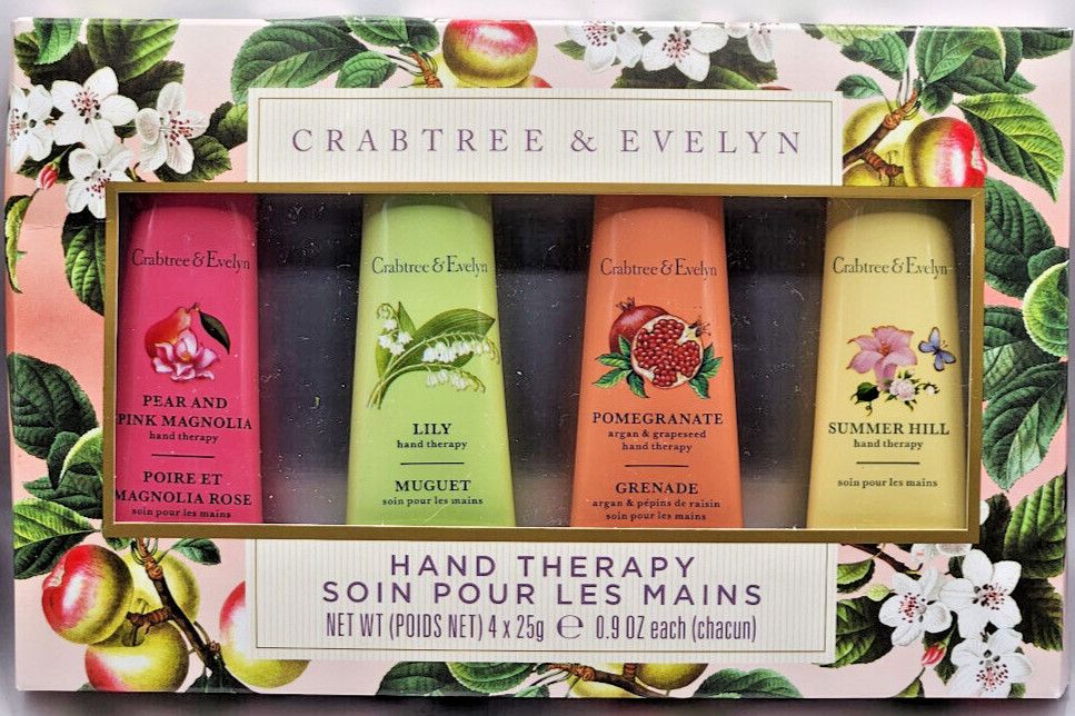 Crabtree & Evelyn Hand Therapy Set of 4- 0.9oz each Lily Summer Hill Pomegranate