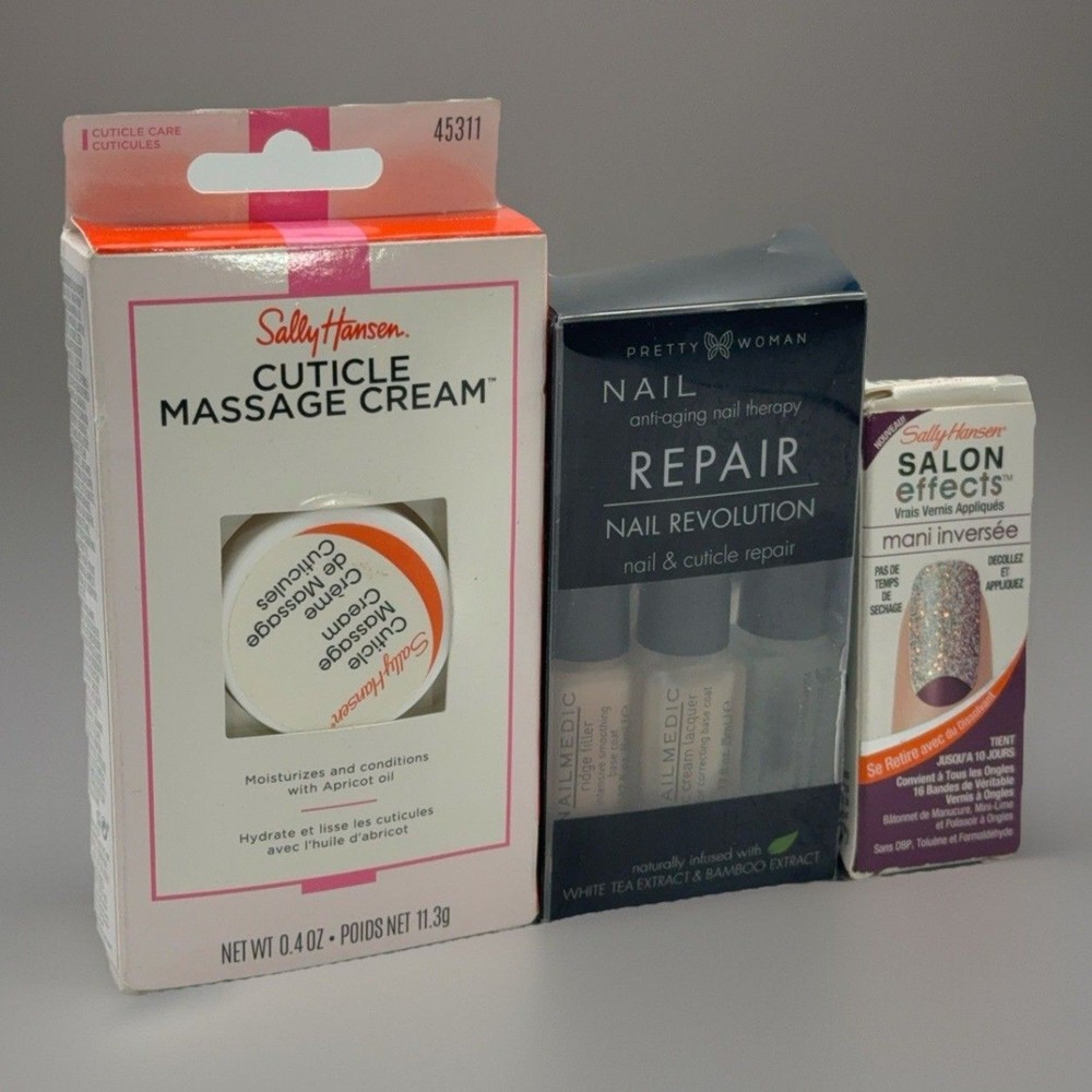 Sally Hansen Pretty Woman Nail Care Bundle Cuticle Cream Repair Kit Polish Strip