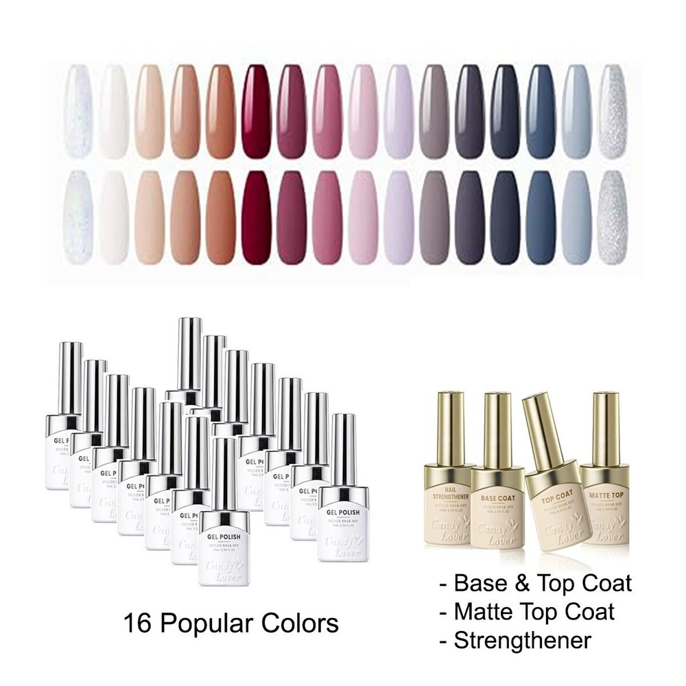 Candy Lover Soak Off Gel Nail Polish Set 16 Popular Colors Base Top Matte Coat