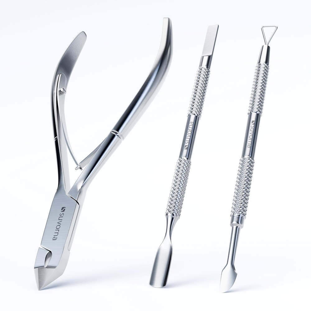 Suvorna Cuticle Nippers with Pusher, Nail Scraper and Polished Steel