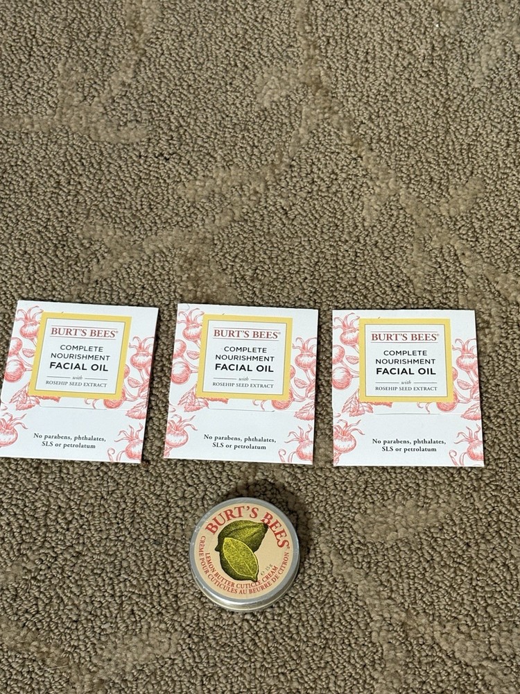 Lot Of 4 Burt’s Bees Items ( 1 Lemon Butter Cuticle Cream, 3 Facial Oil Samples