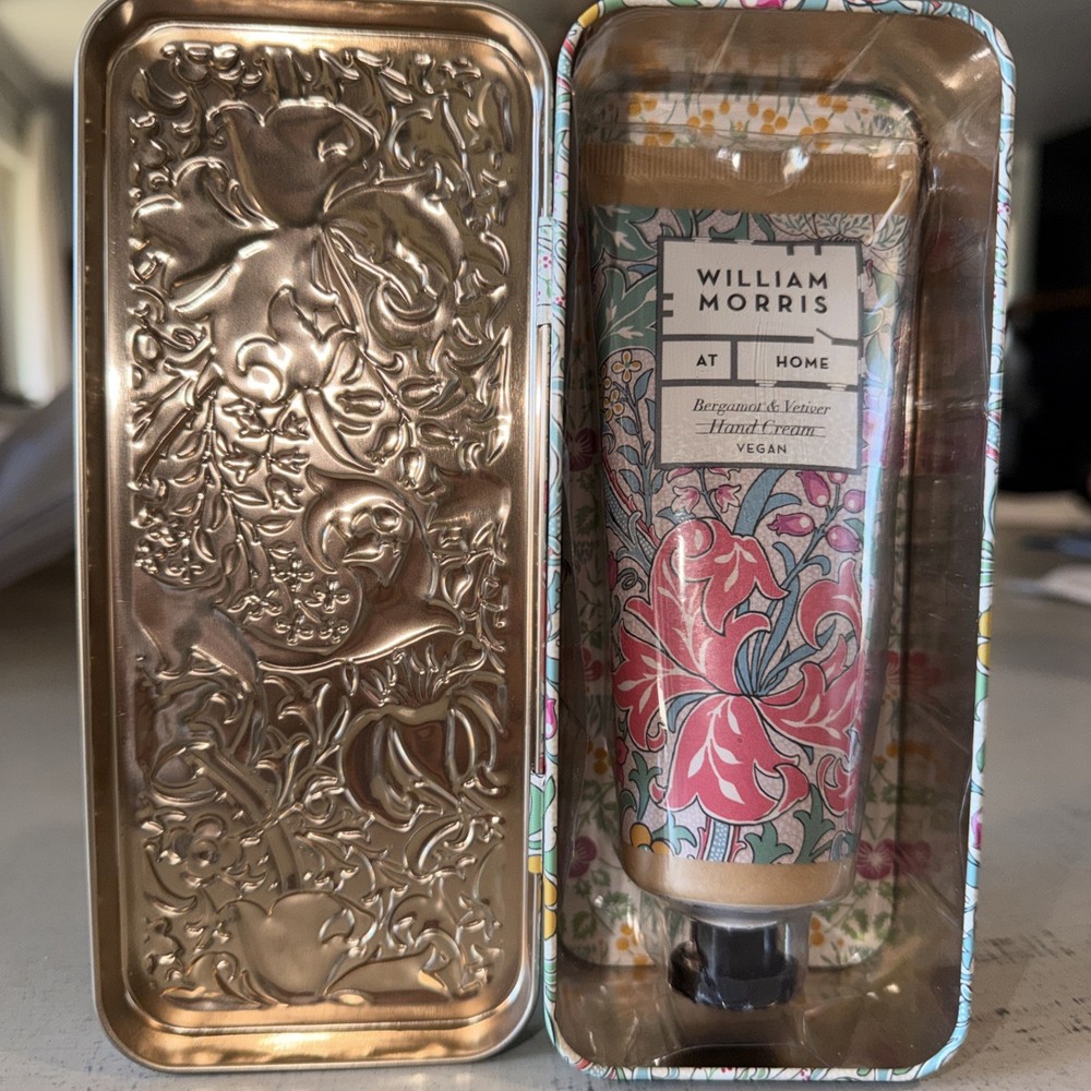 WILLIAM MORRIS BERGAMOT &VETIVER HAND CREAM IN COLLECTIBLE hinged TIN 3.38FLOZ