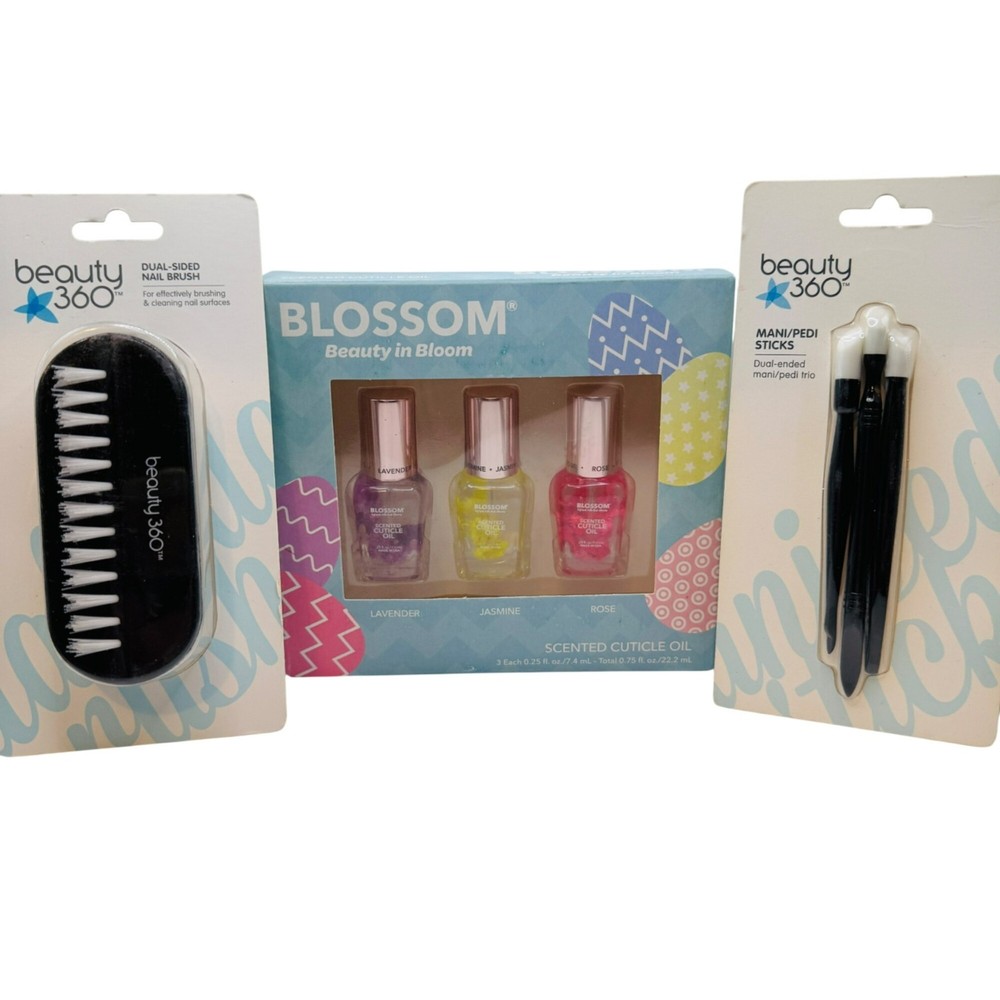 Beauty 360 Dual-Sided Nail Brush Mani/Pedi Sticks & Blossom Scented Cuticle Oil