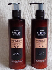 AVON 2 x SENSES ESSENCE GERANIUM LEAF & ORANGE HAND LOTION ~ 250ml each *NEW*